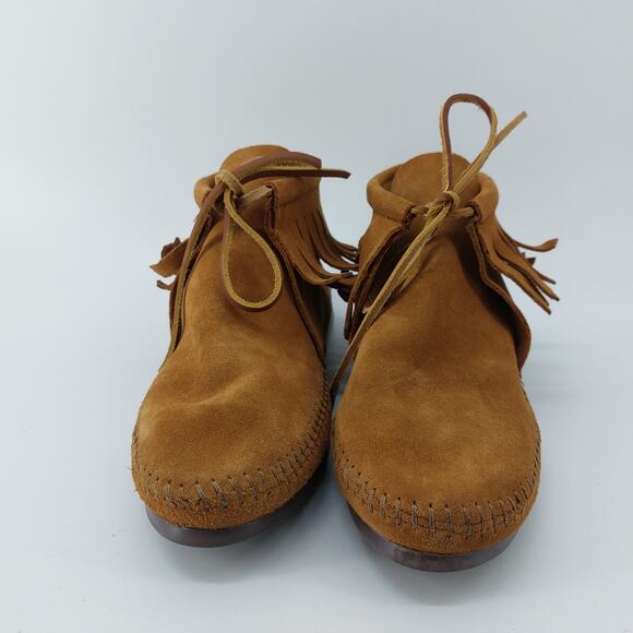 Minnetonka Moccasins Suede Booties Fringe Lace Up Sz 9.5 Boho Western - Picture 7 of 12